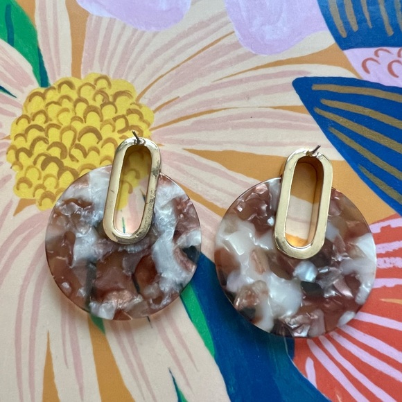 Modern Circle Hoop Brown Acrylic Marbled Gold Trim Earrings - Picture 6 of 6